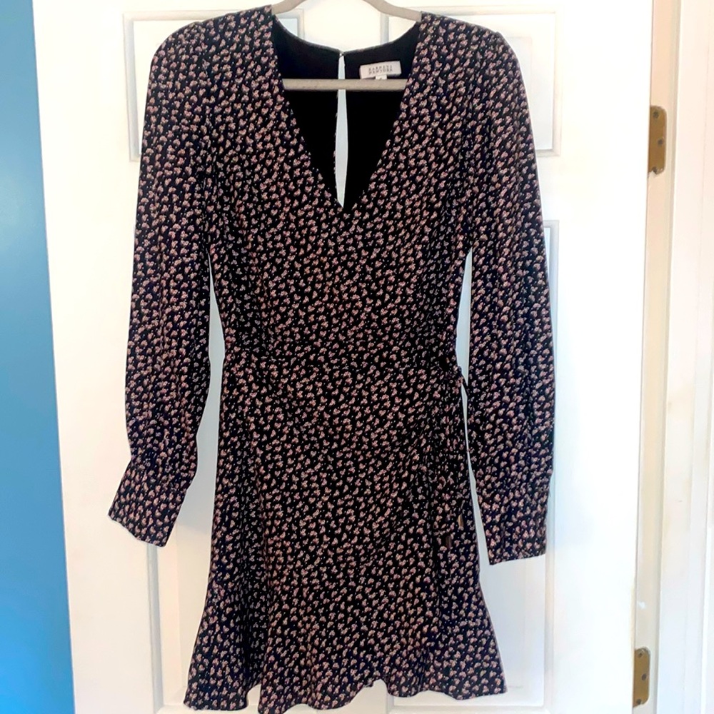BARNEYS NEW YORK Dress Size Small Woven Black Floral Printed Ruffle Long Sleeve